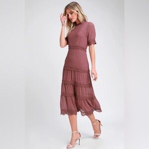 Lulus Dreaming of You Mauve Purple Swiss Dot Midi size Medium